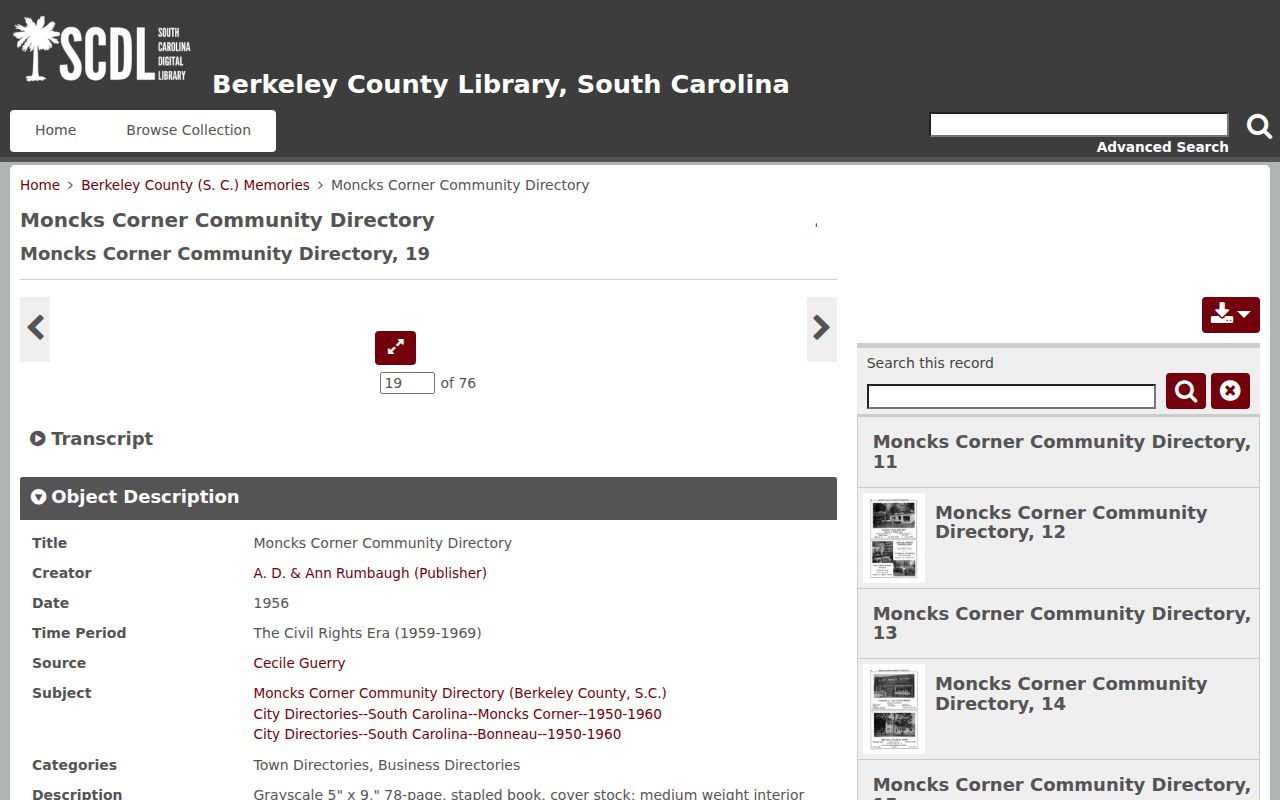 Berkeley County city directory sample page from 1956