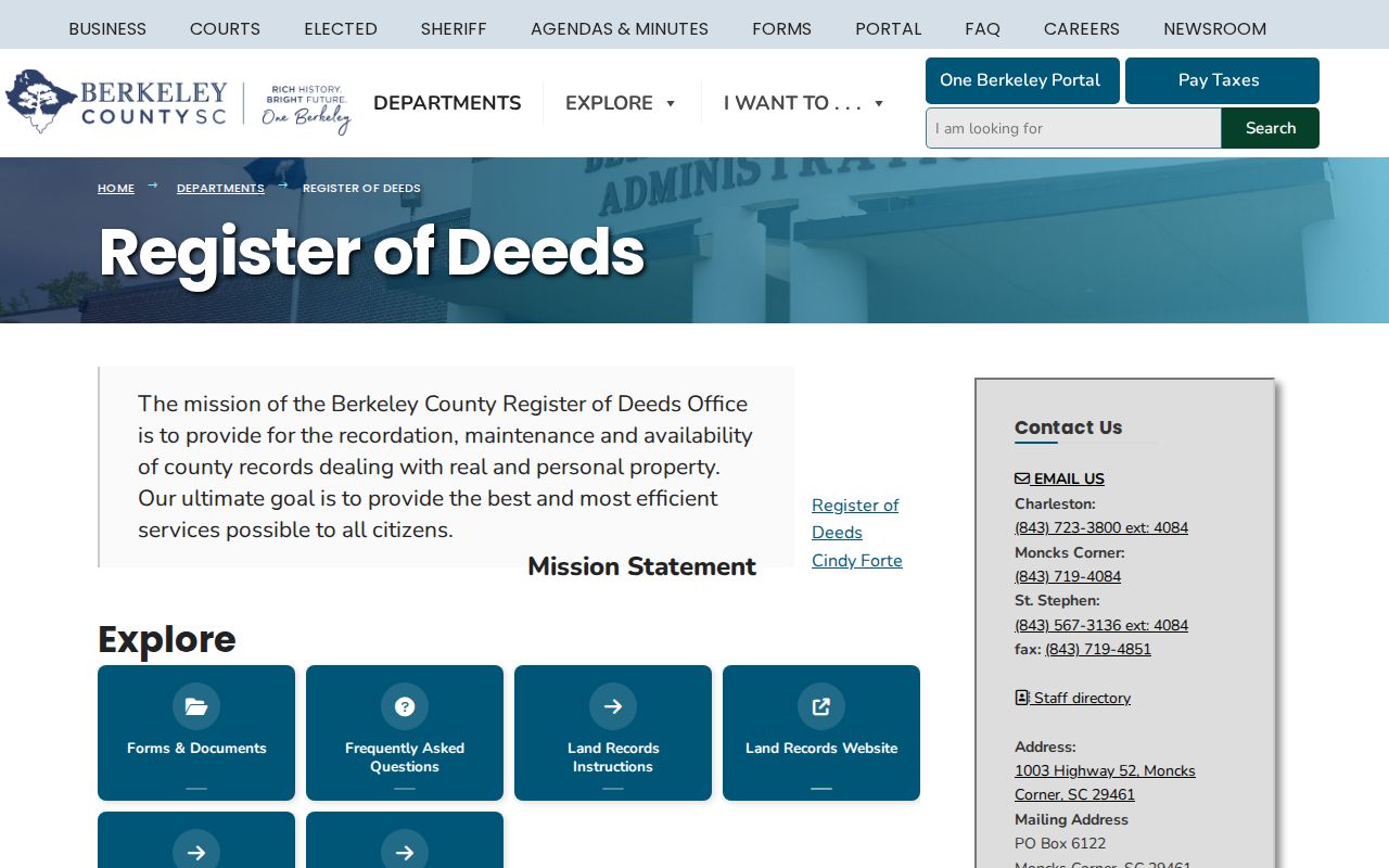 Berkeley County residents directory Register of Deeds page