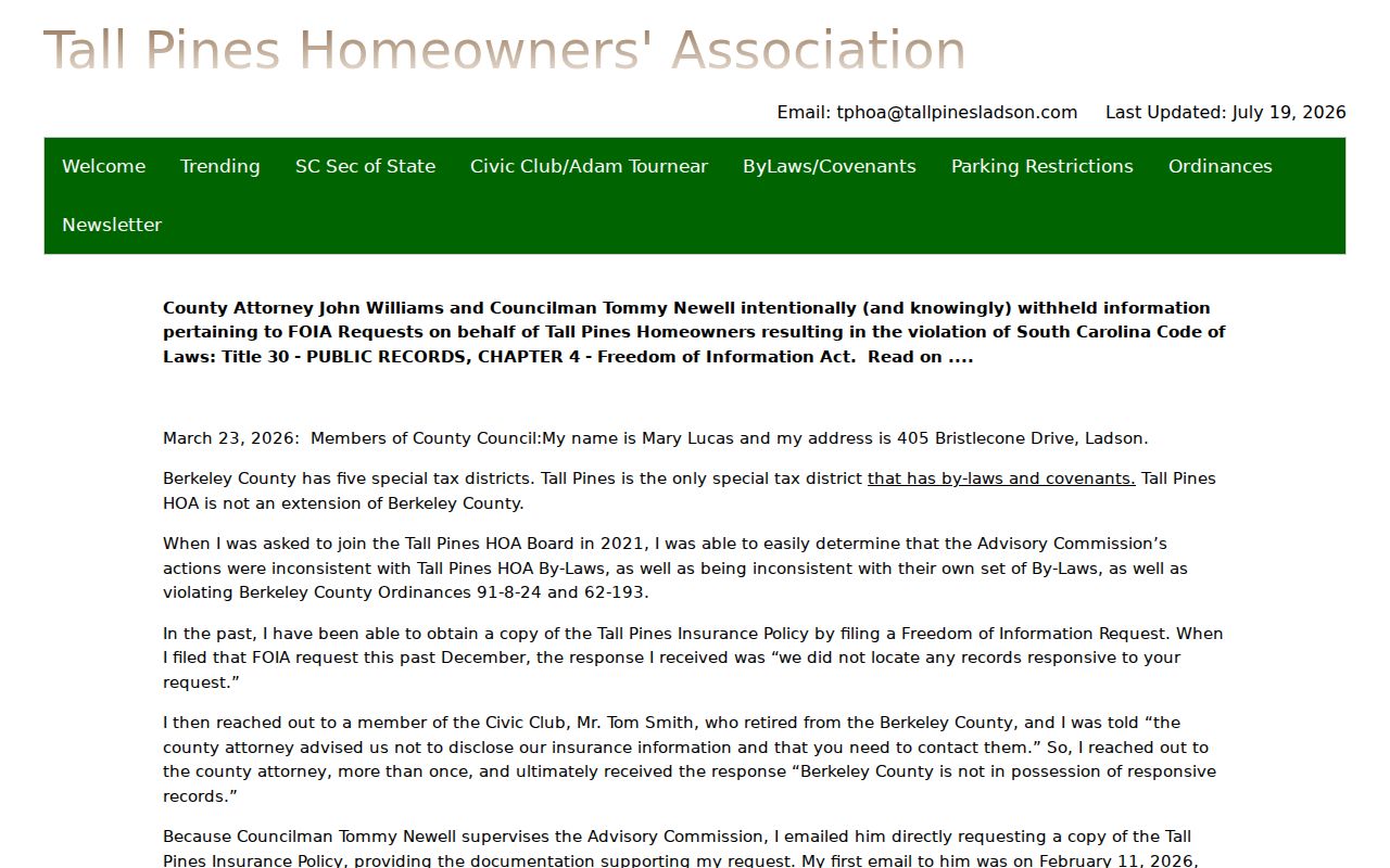 Berkeley County neighbors Tall Pines community contacts and covenants