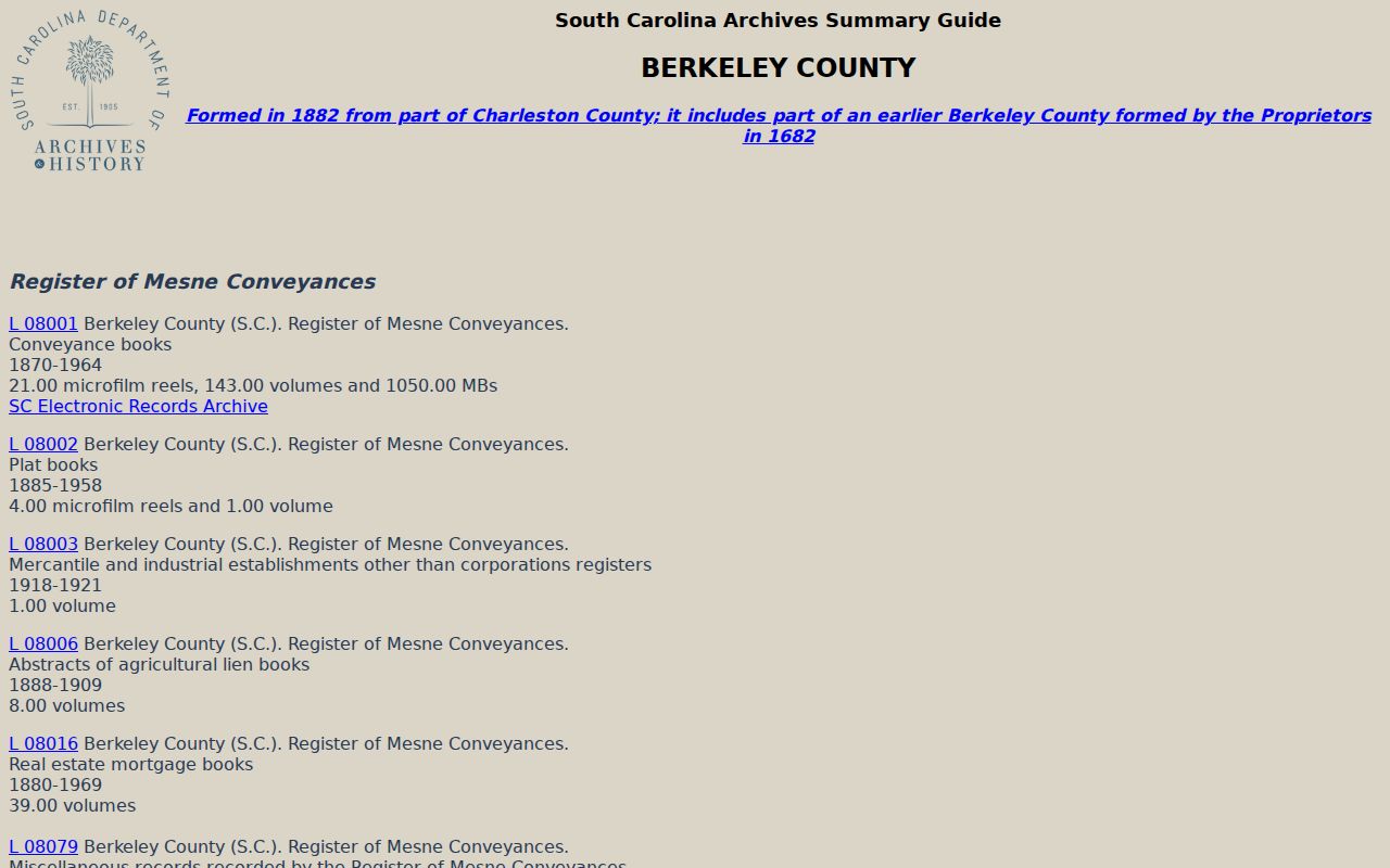 Berkeley County previous residents State Archives county records guide
