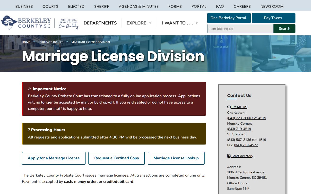 Berkeley County resident lookup marriage license service