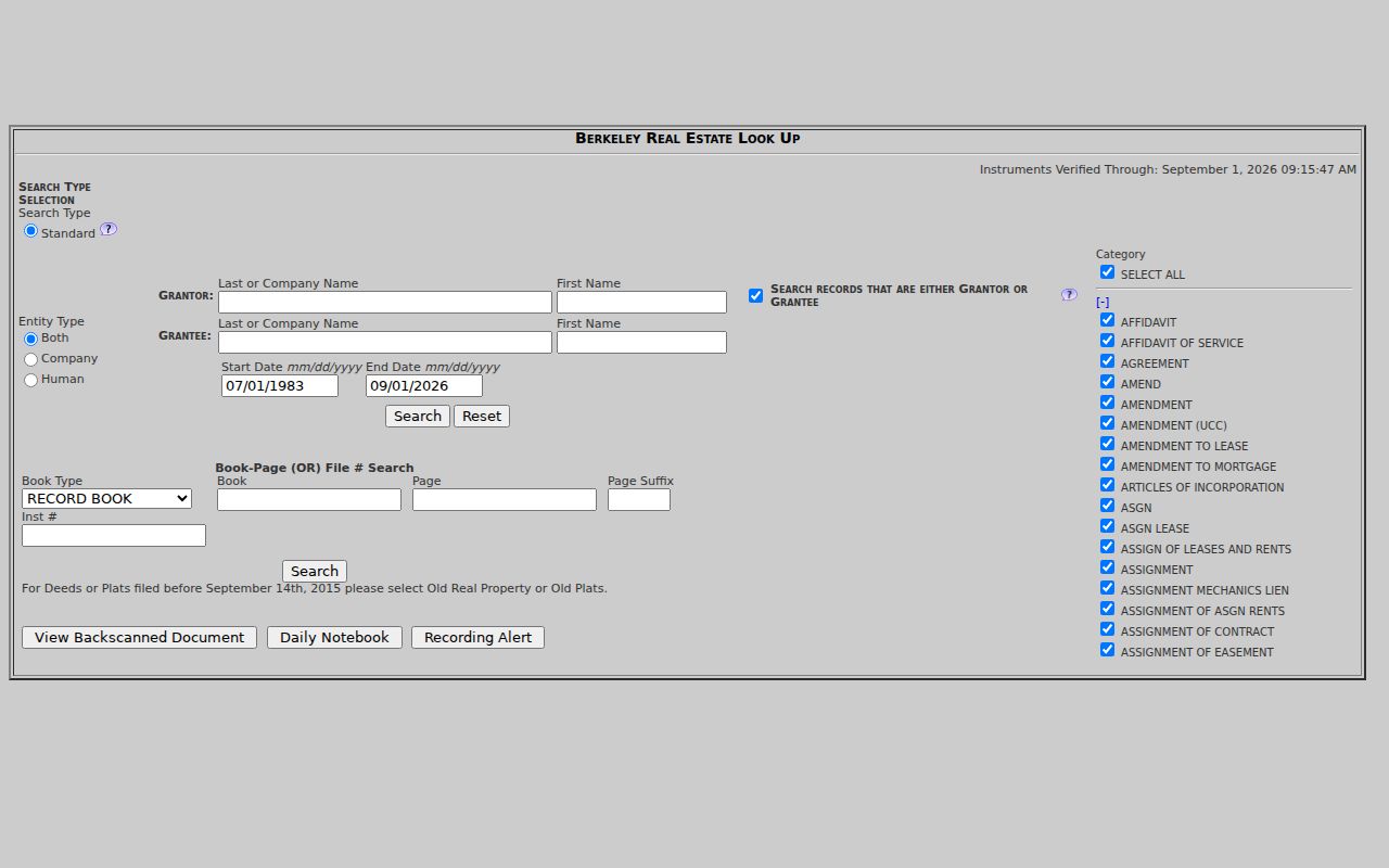 Berkeley County street directory Register of Deeds grantor and grantee index